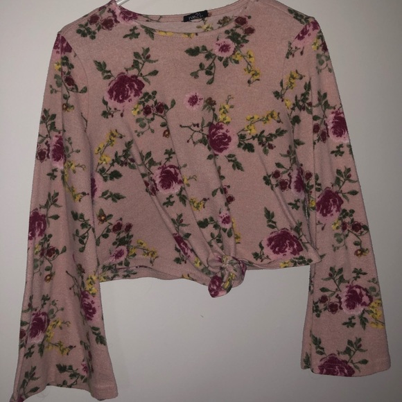 Pink Floral Print Crop Top with Flare Sleeves - Picture 1 of 1